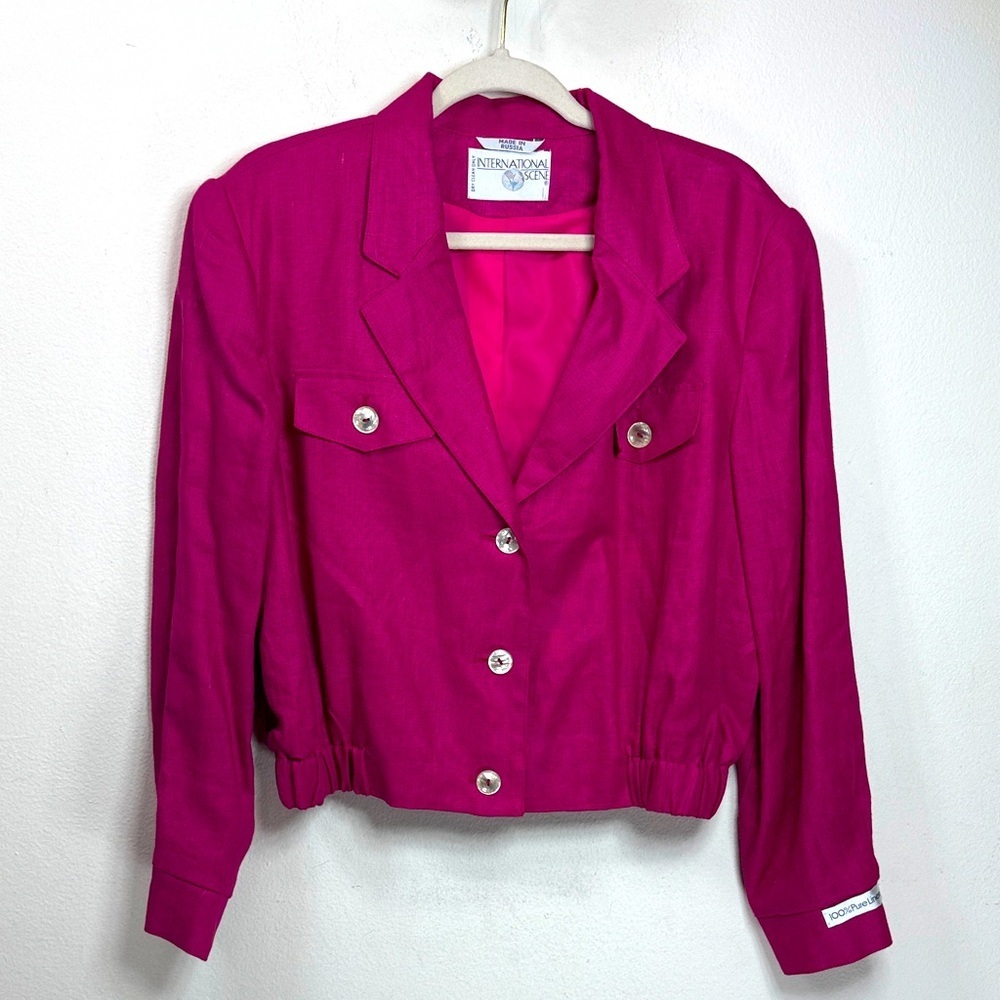 (R4) INTERNATIONAL SCENE Vintage 70s Linen Bomber Jacket, Size 14 Hot Pink